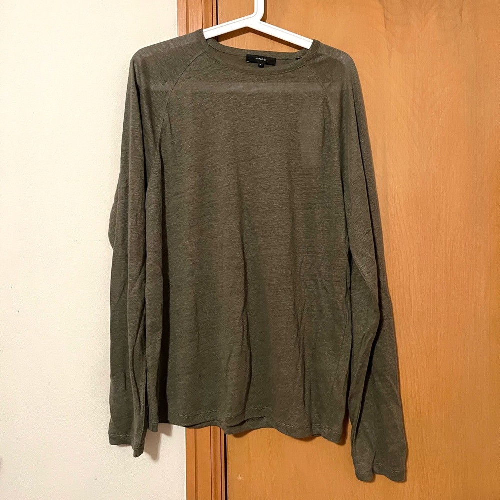 Mens Vince Linen Long Sleeve Crew Neck Shirt